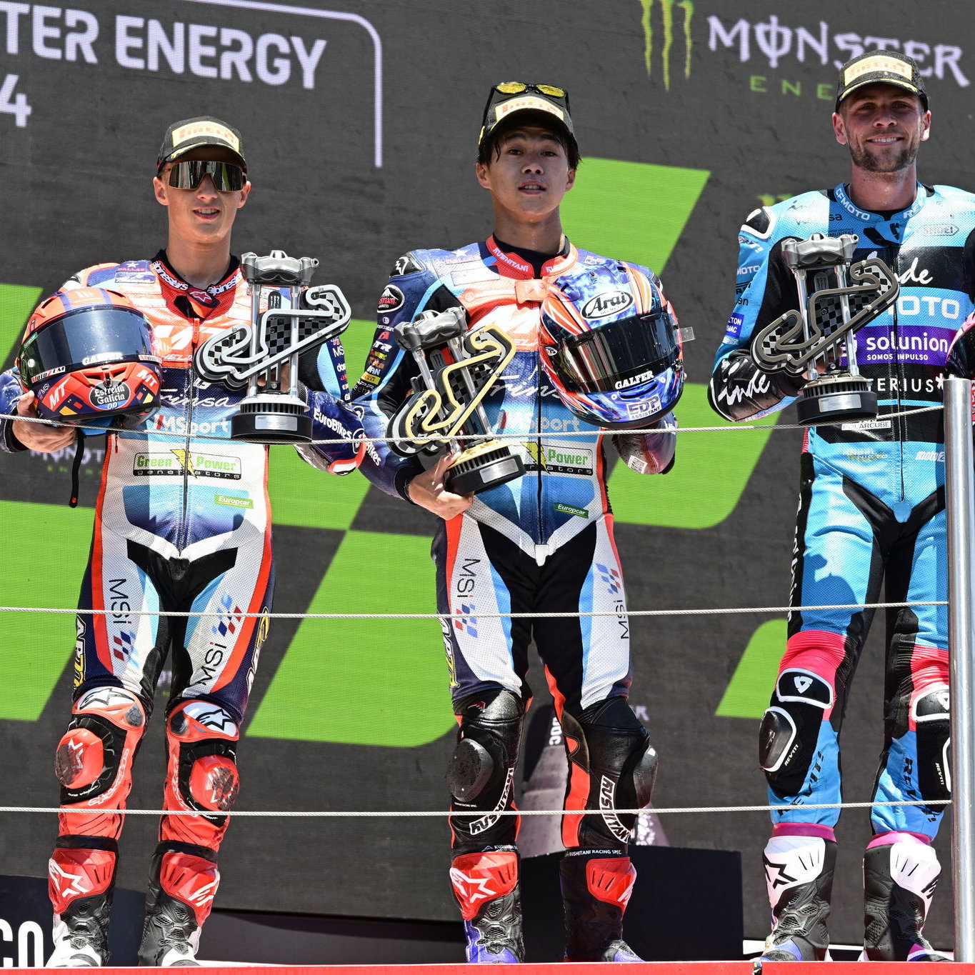 Garcia, Ogura and Dixon on the Moto2 Catalan GP Podium, Barcelona, 2024, 26th May